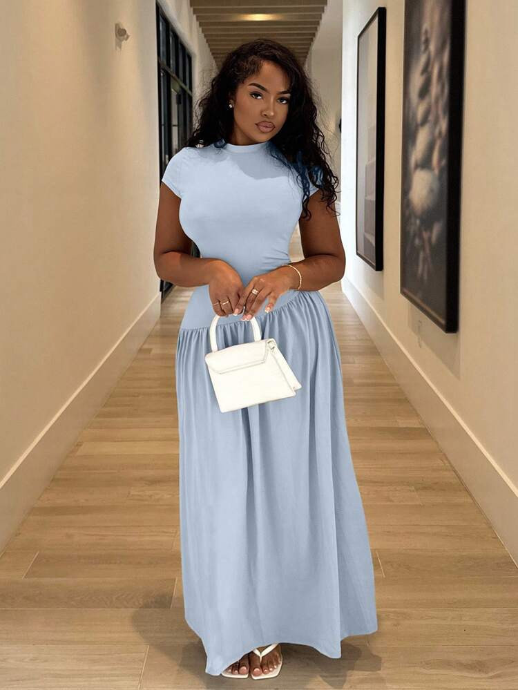 Alexandranx Elegant Minimalist Solid Color Short Sleeve Fitted Stand Collar Asymmetric A-Line Wai... | SHEIN