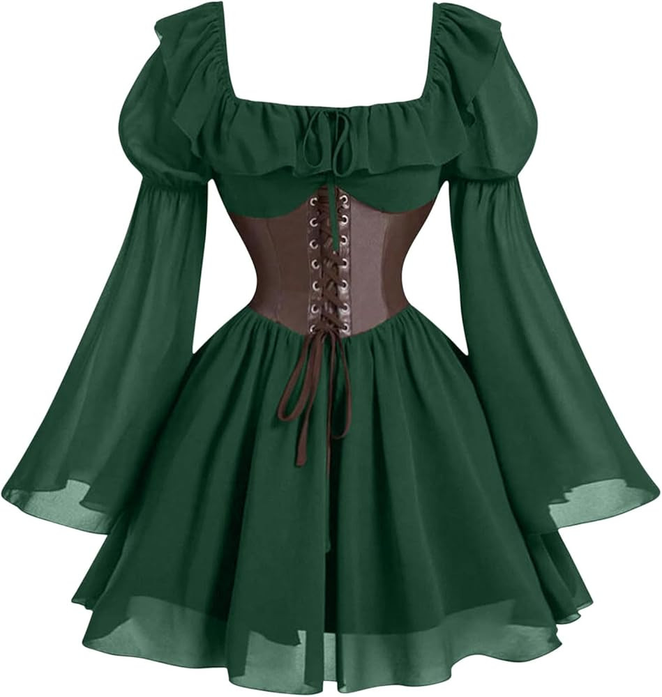 Women's Medieval Pirate Corset Dress Renaissance Halloween Costumes Flare Sleeve Traditional Iris... | Amazon (US)