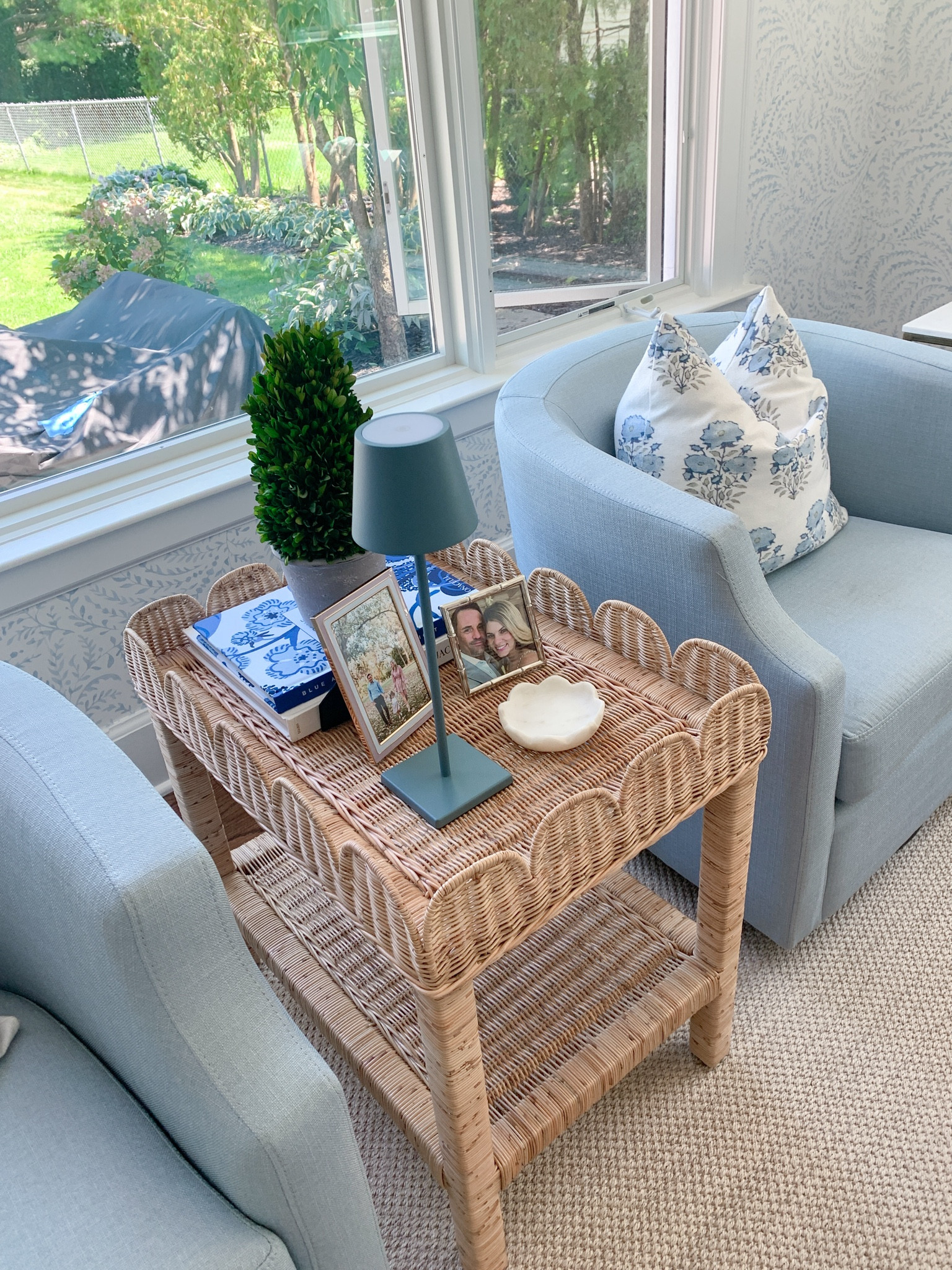 Scallop rattan side table, usb lamp, light blue swivel chairs 

#LTKFindsUnder100 #LTKHome