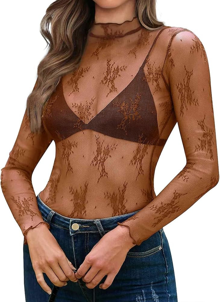 OFEEFAN Womens Long Sleeve Mesh Top See Through Mock Neck Sheer Blouses | Amazon (US)