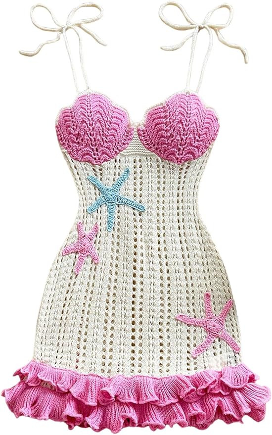 Floerns Women's Starfish Tie Shoulder Sweater Dress Layered Ruffle Beach Mini Dresses | Amazon (US)