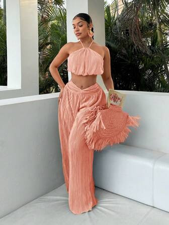 SHEIN SXY Holiday Style Ultra-Cut Off Halter Top With Twist Front Waist And Ultra-Loose Trousers ... | SHEIN