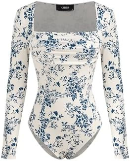 CIDER Bodysuits For Women Floral Print Square Neck Ruched Long Sleeve Bodysuit Slim Fitted Tops | Amazon (US)