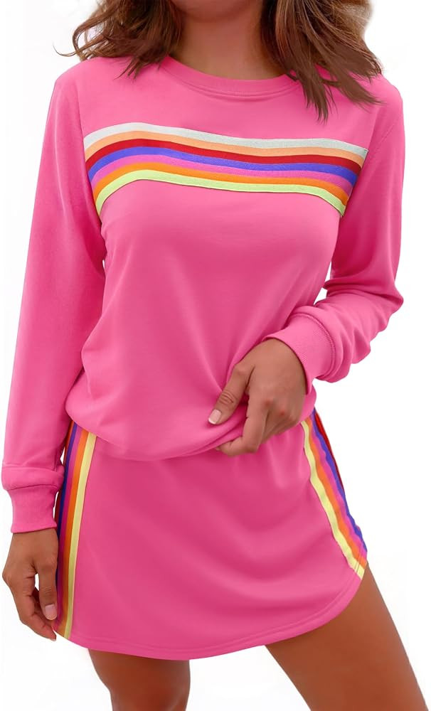 Yousify Womens 2 Piece Outfits Rainbow Striped Long Sleeve Sweatshirt Mini Skirts Sets Casual Loo... | Amazon (US)