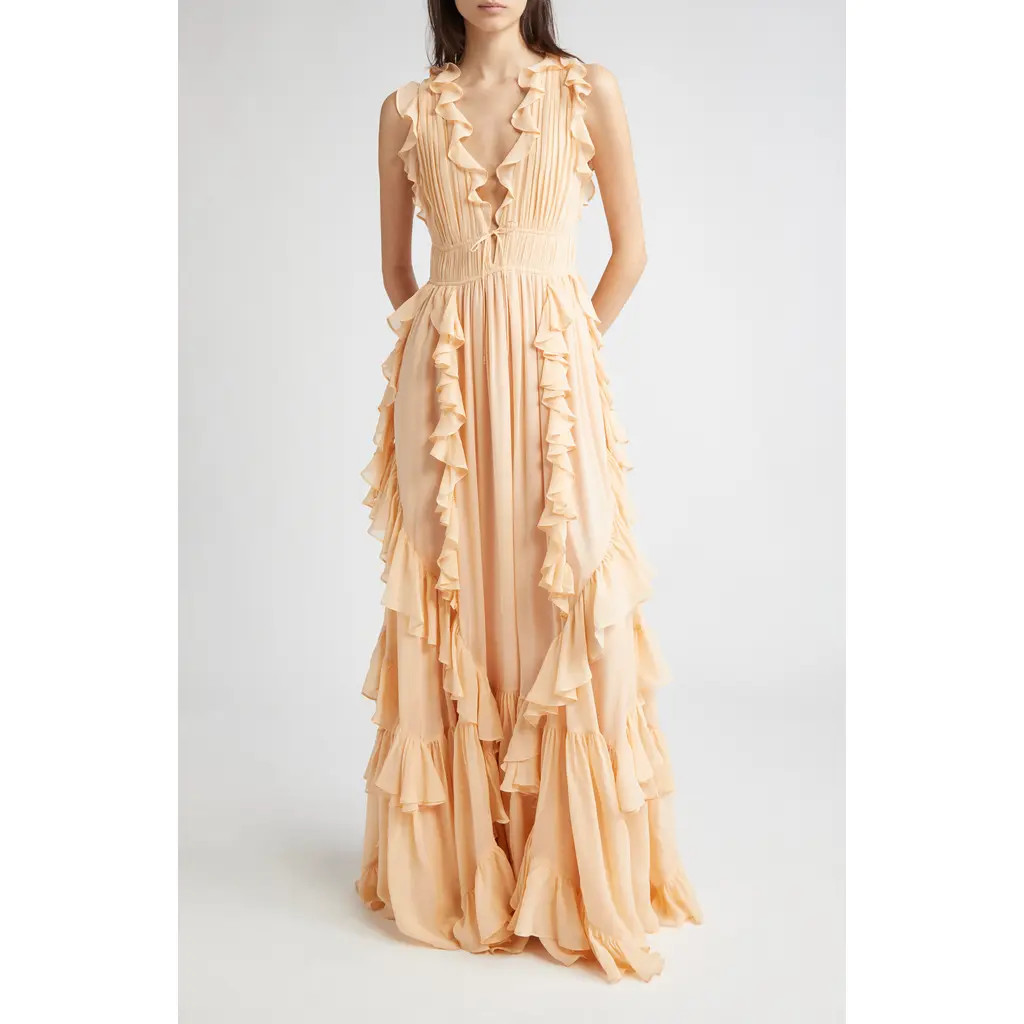Ulla Johnson Florella Ruffle Sleeveless Silk Gown in Peony at Nordstrom, Size 12 | Nordstrom