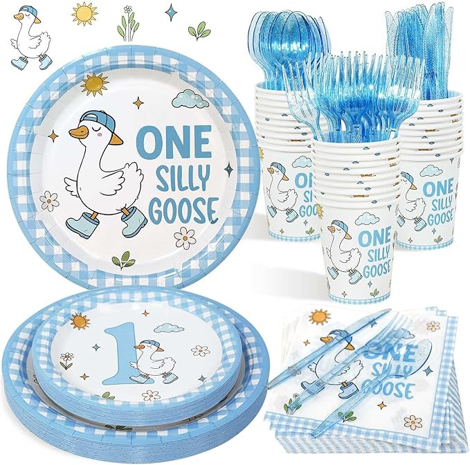 175pcs One Silly Goose Birthday Decor Boy Plates Set, Blue Silly Goose Plates Napkins Cups Cutler... | Amazon (US)