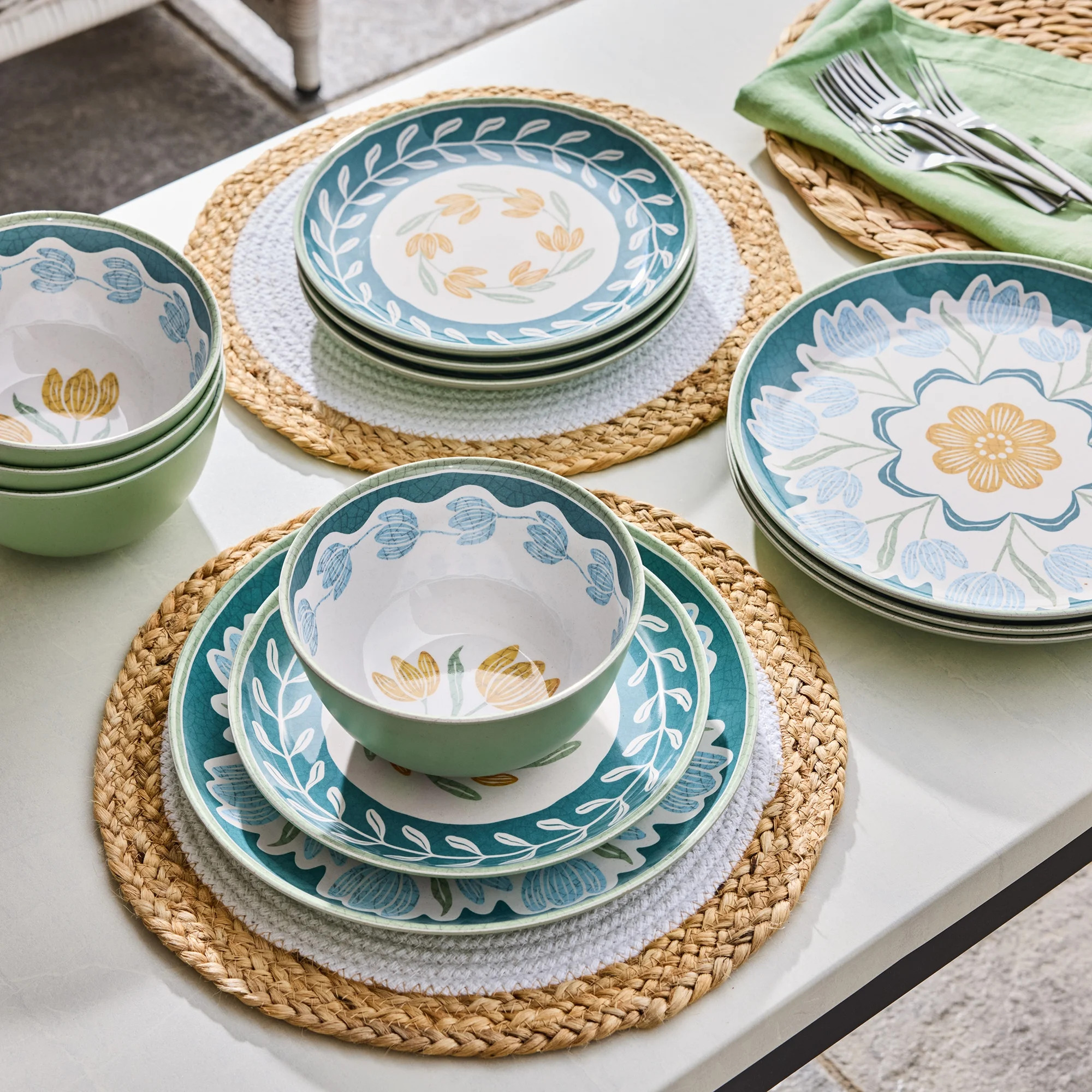 Better Homes & Gardens 12 Piece Bamboo Melamine Green Floral Dinnerware Set | Walmart (US)