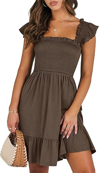ANRABESS Women's Summer Casual Sleeveless Square Neck Dress 2026 Smocked Ruffle Backless Boho Bea... | Amazon (US)