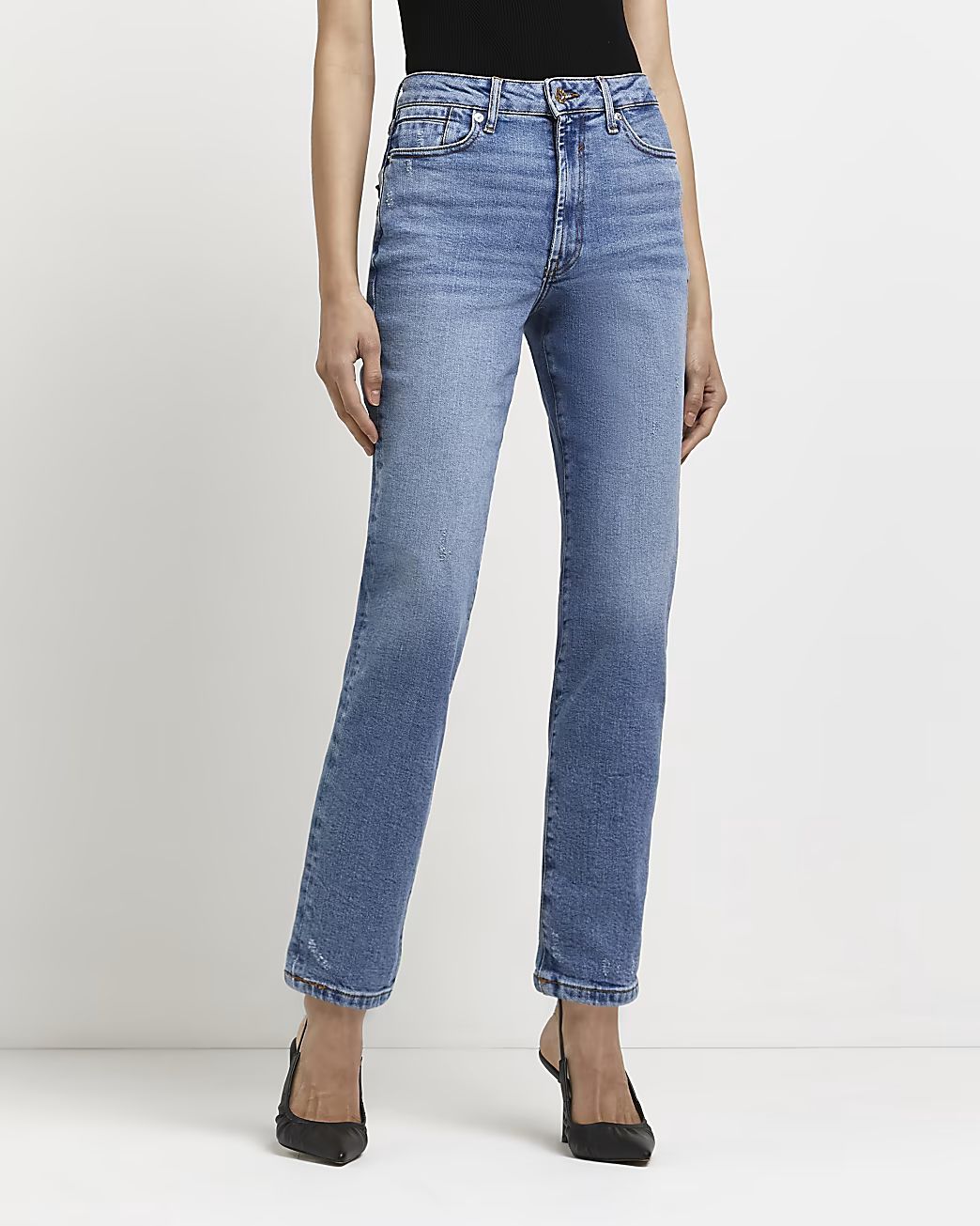 Blue high waisted stretch straight jeans | River Island (UK & IE)