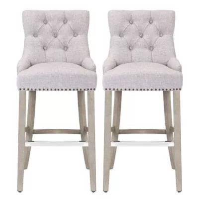 Westin Furniture 29" Linen Fabric Tufted Upholstered Antique Gray Bar Stool (Set of 2) | Belk