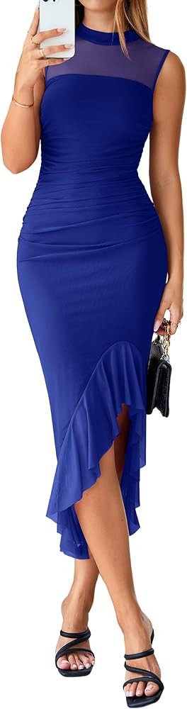 Simplee Women's Bodycon Ruched Sexy Dress Summer Sleeveless Ruffle Hem Mesh Solid Cocktail Weddin... | Amazon (US)