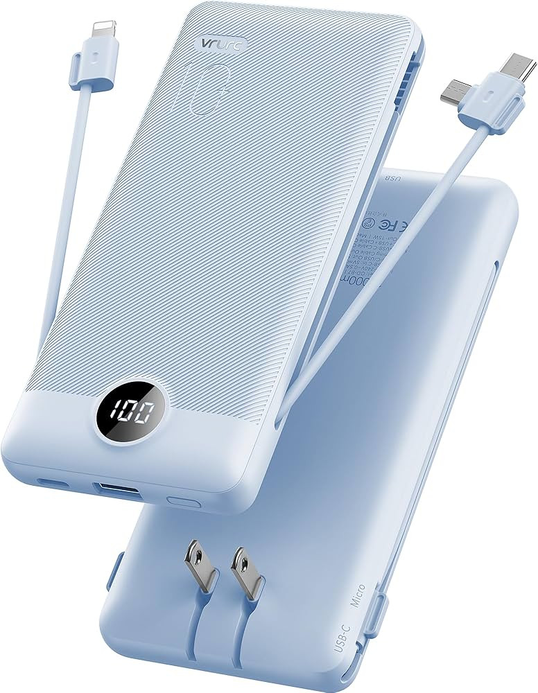 VRURC Portable Charger Built-in Cables and AC Wall Plug, USB C Power Bank 10000mAh, Travel Essent... | Amazon (US)