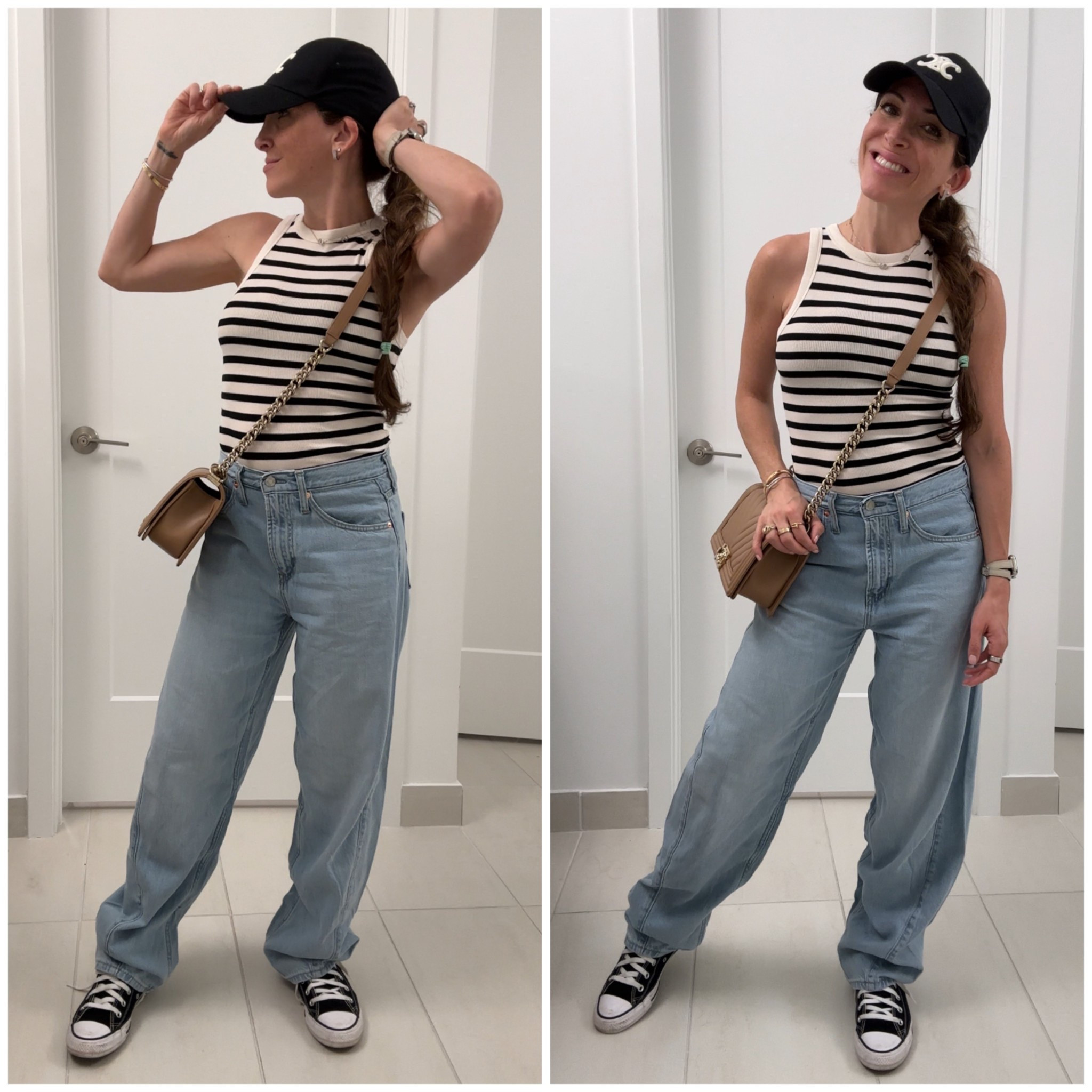On the go mom fit. Black baseball cap, black and tan striped tank, relaxed jeans, high top converse, beige boy bag 

#LTKSaleAlert #LTKStyleTip #LTKFindsUnder50