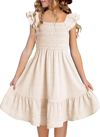 Amazon.com: DOKOTOO KIDS Tween Girls Dresses Summer Cute Ruffle Trim Short Sleeve Smocked Flared ... | Amazon (US)