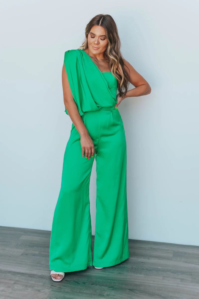 Effortless Evening Green One Shoulder Draped Jumpsuit | Apricot Lane Boutique