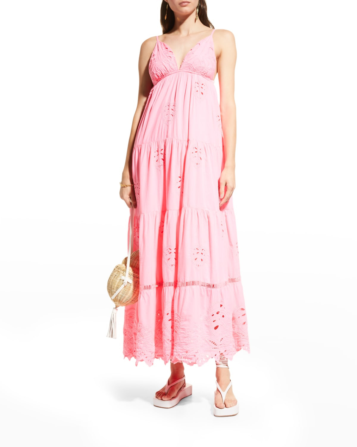 Neon Eyelet Viscose Tiered Maxi Dress | Neiman Marcus