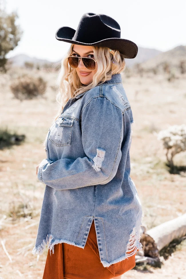 Wait Forever Distressed Raw Hem Oversized Denim Jacket | Pink Lily