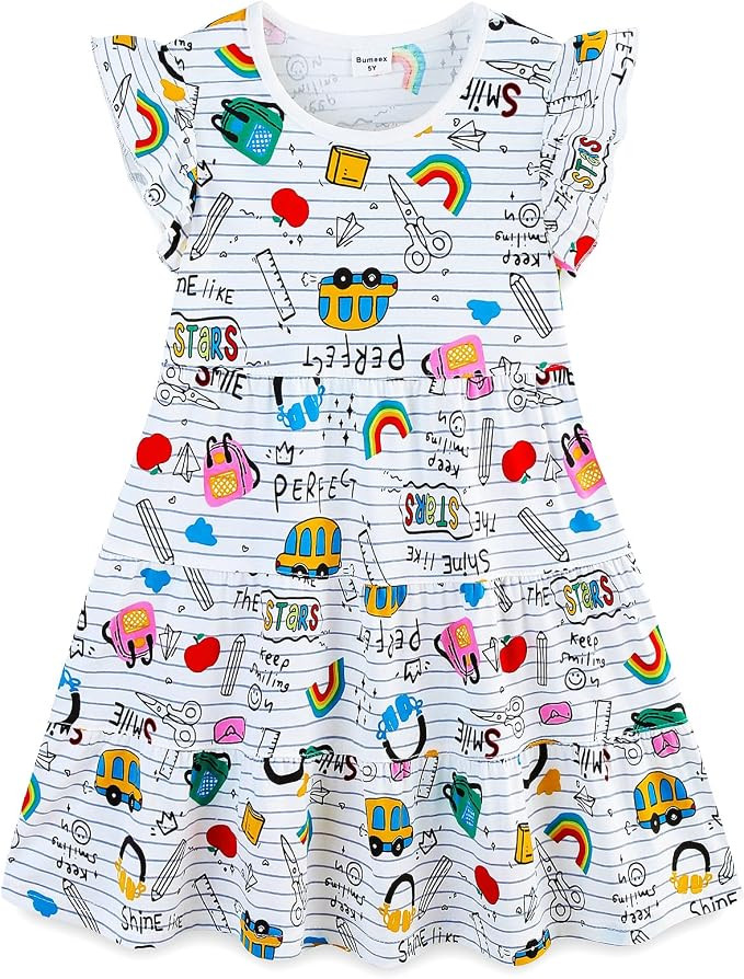 Bumeex Girl's Dresses Cotton Ruffle Sleeve Tiered Swing A-Line Cute Midi Casual Sundress | Amazon (US)