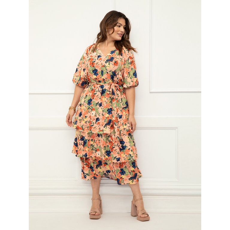 ELOQUII Elements Women's Plus Size Tiered Midi Dress With Tie | Walmart (US)