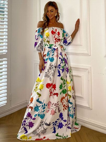 Missord Off Shoulder Belted Floral Print Maxi Dress | SHEIN