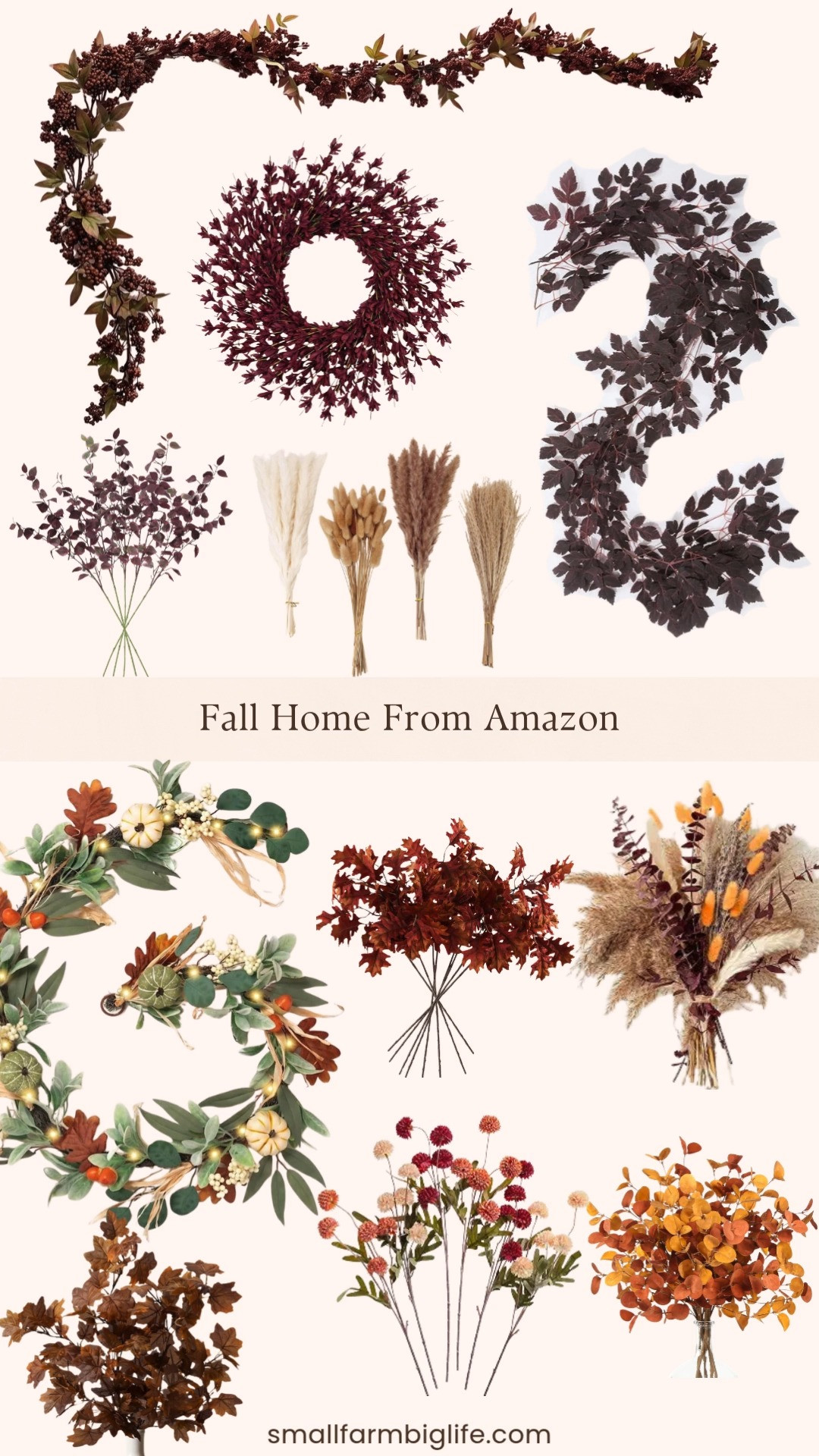 Fall decor is already showing up on Amazon and I am sharing my favorites for anyone who likes to shop early for the season.
The plum fall garland is a beautiful moody piece for a mantel or fireplace, with flexible branches that make styling easy. The plum berries garland is another great option for a doorway, porch railing, or mantle, with a rusty plum color that feels perfect for autumn.
For greenery, the burgundy eucalyptus stems and the yellow and brown eucalyptus stems both work well as vase fillers or table centerpieces. The fall oak tree leaves stems bring a classic autumn look for indoor or outdoor arrangements.
If you want a statement piece for your front door, the wine red fall wreath is realistic looking and works for both porch and wall display.
Pampas grass is still going strong this year. The white and brown pampas grass with bunny tails is soft and neutral, while the fall dried flower bouquet with orange bunny tails, lavender, and red eucalyptus brings in more color for a boho look.
The fall garland with pumpkins and lambs ear leaves is a beautiful lit option for a mantel or table centerpiece. The orange silk pompon mums and the burnt orange maple leaf stems are great smaller pieces for filling out arrangements or centerpieces.
#falldecor #amazonhome #fallgarland #autumndecor #falltablescape 

 #LTKSeasonal #LTKHome