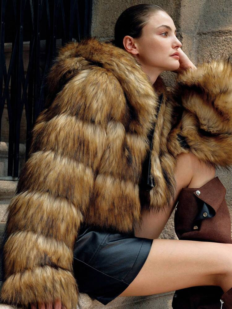 Anewsta Women's Elegant Ombre Leopard Print Faux Fur Hooded Short Jacket | SHEIN