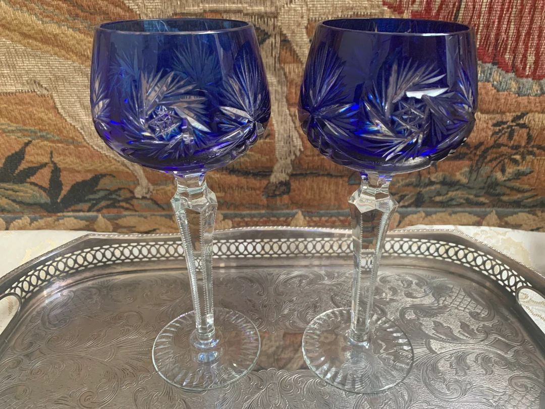 Vintage Bohemian Hand Cut Cobalt Blue Wine Goblets, Crystal Cobalt Blue Wine Glasses | Etsy (US)