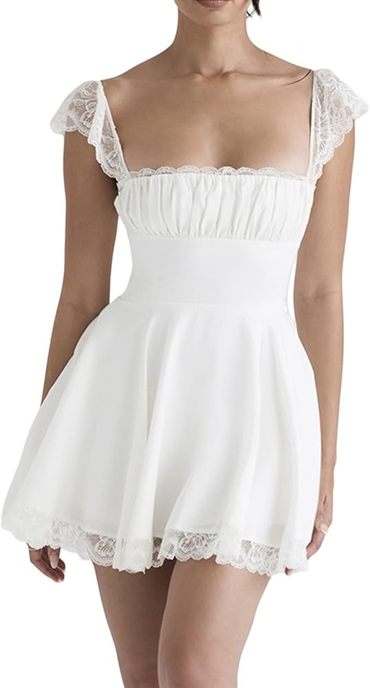 Women Sexy Lace Patchwork Mini Dress Summer Low Cut Backless Short Dress Y2k Sleeveless A-Line Pa... | Amazon (US)