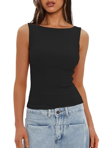 Darong Women's Boat Neck Tank Top Sleeveless Double Lined Basic Tops Going Out Casual Tank Shirts 9081 Black M | Amazon (US)