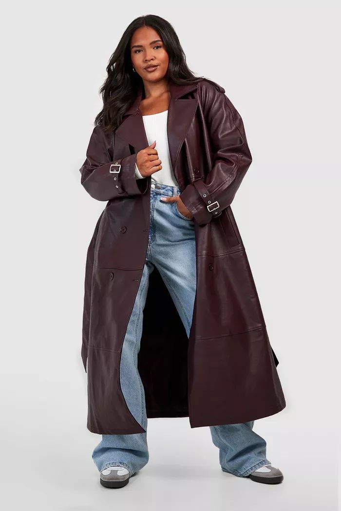 Plus Double Breast Faux Leather Maxi Trench Coat | Boohoo.com (UK & IE)