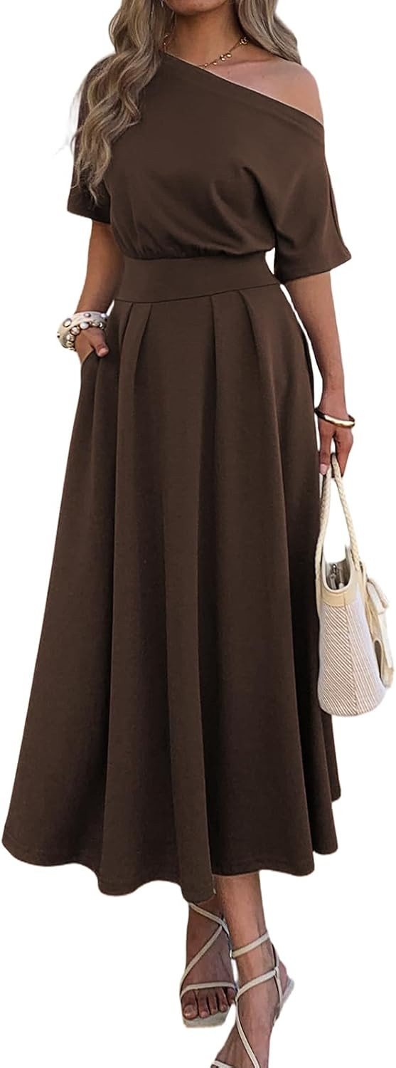 Mieazom Elegant Empire Waist One Shoulder Maxi Dresses for Women Pockets | Amazon (US)