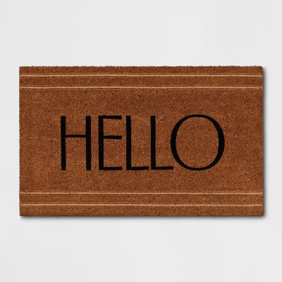 1'6"x2'6" 'Hello' Stripe Border Coir Doormat Natural - Threshold™: Outdoor Welcome Mat, Rectang... | Target