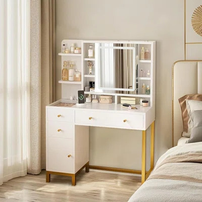 Vanity Desk With Openable Mirror, Dressing Table With Charging Power Outlet, 3 Adjustable Lighting Modes, 8 Shelves & 4 Drawers | Wayfair North America