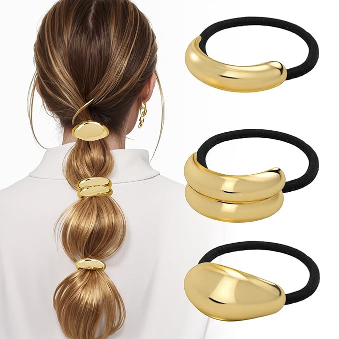 3PCS Metal Hair Tie For Women,Gold Cuffs,Metal Geometric Gold Hair Ties, Hair Accessories Stretch... | Amazon (US)
