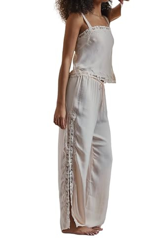 FP Dupes Satin Silk Pajama Set Lace Ruffle Cami Top and Pants Lounge Set 2 Piece Free Silky Pjs P... | Amazon (US)