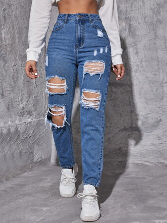 SHEIN EZwear Ripped Frayed Tapered Jeans | SHEIN