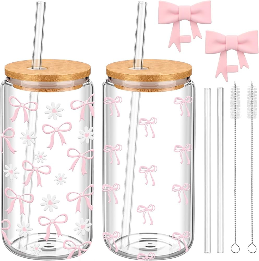 Skylety Set of 2 Coquette Bow Glass Cup 16oz Pink Bow Glass Cup with Lids and Straws Reusable Pin... | Amazon (US)