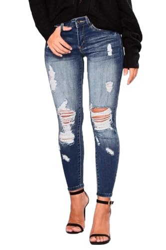 AMRSPENG Women's High Waisted Jeans for Women Ripped Stretch Skinny Butt Lifting Jeans Distressed Jeans Pants Dark Blue 18 | Amazon (US)