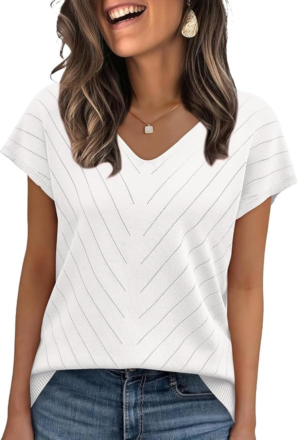 WIHOLL Short Sleeve Sweater for Women V Neck Trendy Summer Tops 2026 Beach Vacation Clothes Trave... | Amazon (US)