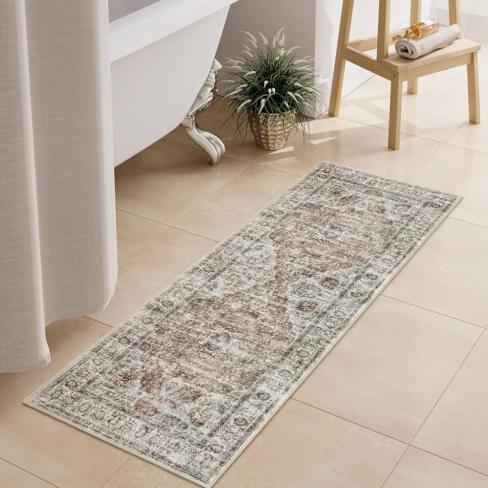 Uphome Bathroom Rugs Runner, Distressed Farmhouse Boho Khaki Bath Mat, Non Slip Washable Long Bat... | Amazon (US)