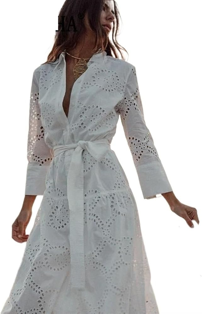 Elegant Embroidered Women Dress Chic Lapel Long Sleeve High Waist Lace Up Dresses Female Solid Ve... | Amazon (US)