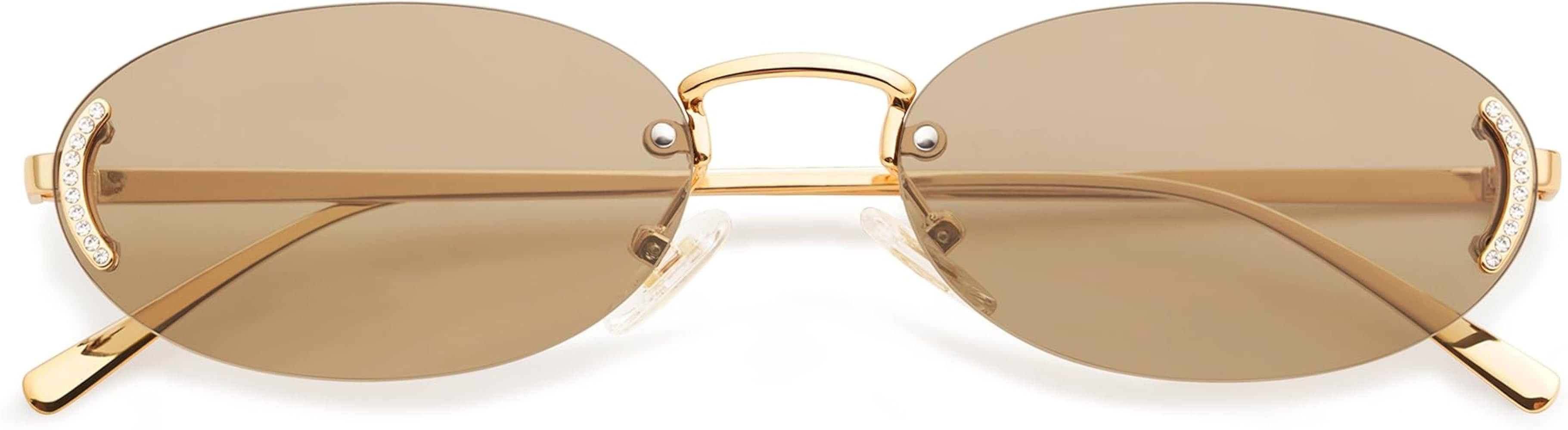 SOJOS Trendy Oval Rimless Sunglasses for Women Retro Y2k Sunnies with Rhinestones SJ1227 | Amazon (US)