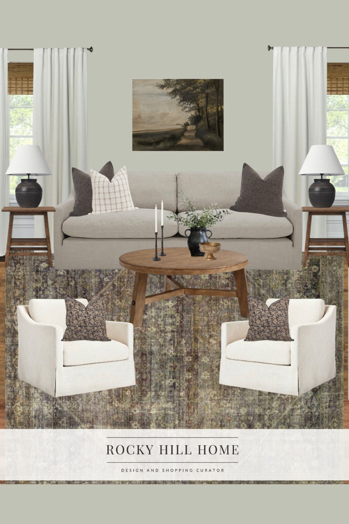 Living room design using an Amazon Stone & Beam sofa, Target Studio McGee chair, loloi x amber lewis rug, pottery barn round coffee table, moody landscape art, black lamps and black and gold home decor 

#LTKhome #LTKstyletip #LTKunder100