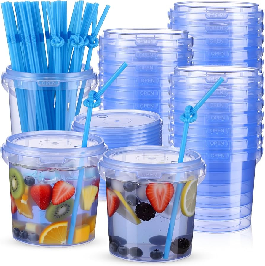 Funnymoom 24 Pack 34 oz Blue Color Drink Buckets with Lids and Straws Plastic Clear Rum Disposabl... | Amazon (US)