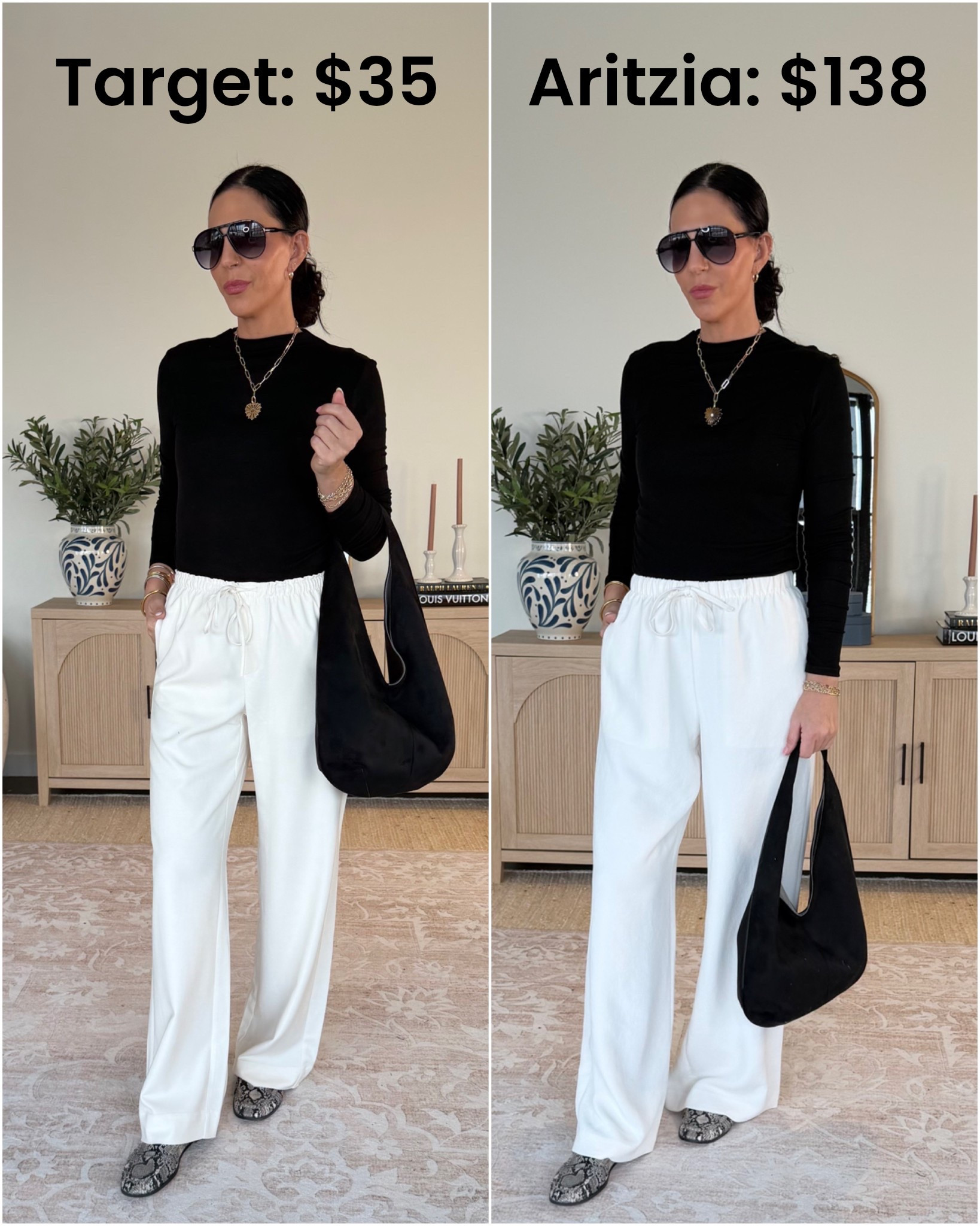 The viral Aritzia lodge pants vs the Target  
Both are a small long and stunning for any vacation or even heading into spring 
Tee- small 
Thatch jewlery 


#LTKFindsUnder50 #LTKU #LTKOver40