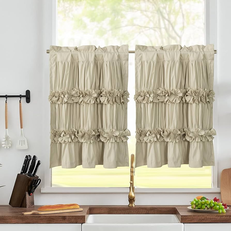 HIG 2 Pack Camel Ruffle Kitchen Curtains – Handcrafted Bow Tie Blackout Tier Curtains for Kitch... | Amazon (US)
