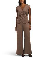 2Pc V-Neck Top With Side Metal Clasp And Wide Leg Pants Set For Women, Spandex/Polyester/Gold | TJ Maxx
