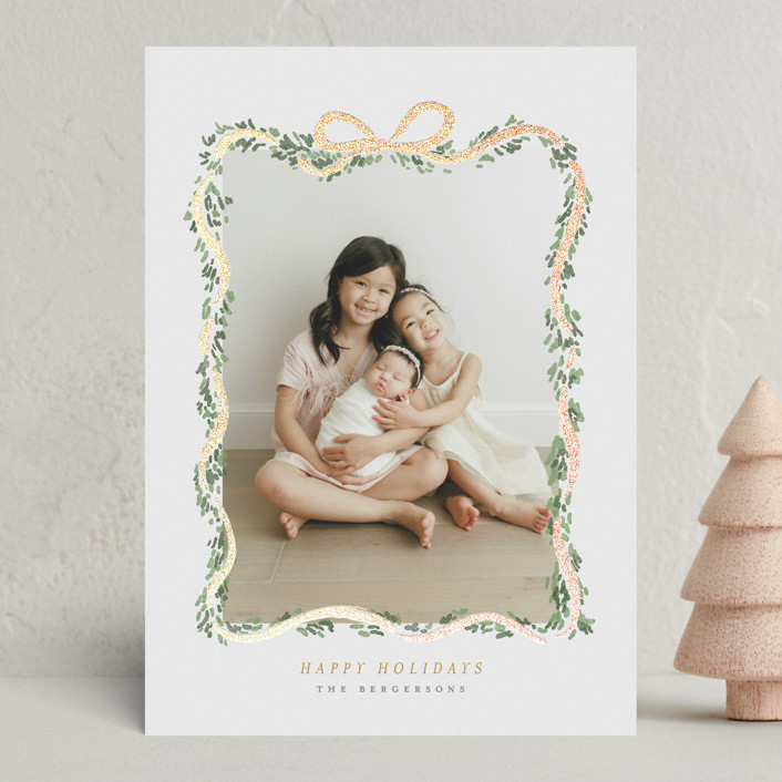 "Ribbonly Frame" - Customizable Foil-pressed Holiday Cards in Pink or Yellow by Itsy Belle Studio... | Minted
