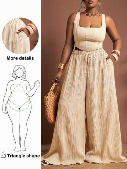 Truni Plus Size Women's Spring/Summer Vacation Casual Fishbone Strap Top And Wide Leg Pants 2... | SHEIN