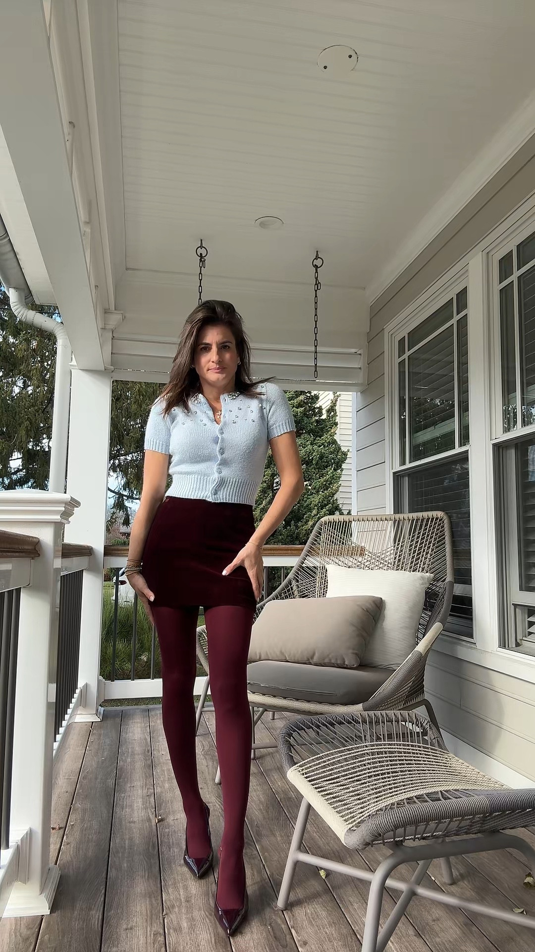 What I wore to Thanksgiving color blocking blue and wine colors 